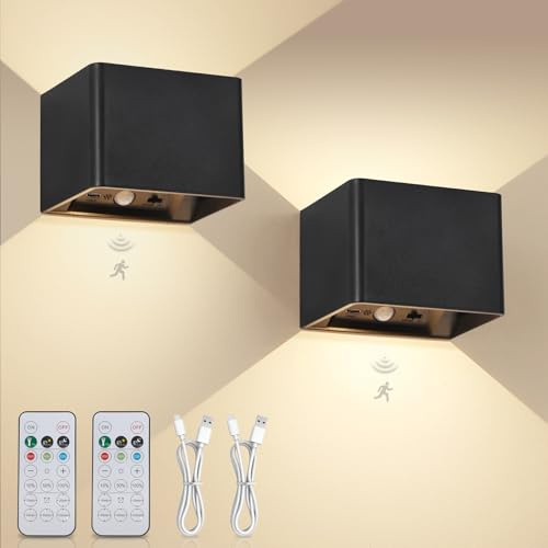 Kambo Wandleuchte Innen Akku LED mit Bewegungsmelder 3 Farben, 2 Stück | Aufladbare Kabellos Wandlampen, Batteriebetriebene Wandleuchte, Schwarz für Treppe Flur Garten