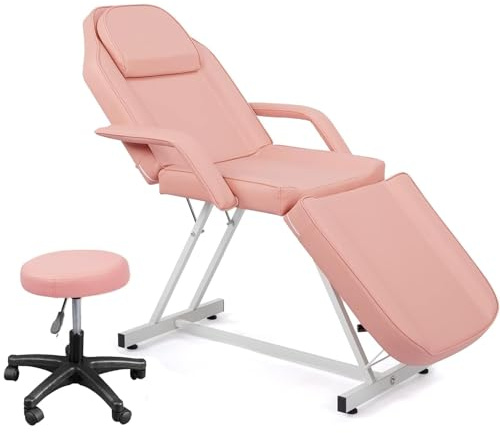 LEADZM Camilla de masaje plegable con taburete plegable, 3 zonas, altura regulable, mesa de masaje, cama de masaje con taburete giratorio, silla de peluquería para peluquería, spa, salón de belleza