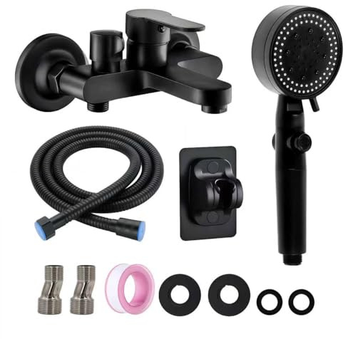 CeyKvo Grifo de baño negro montado en la pared con grifo de ducha monomando con manguera de ducha de 1,5 m y ducha de mano (1 chorro), color negro