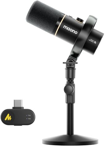 MAONO PD200W - Micrófono híbrido de Podcast inalámbrico para PC, micrófono dinámico XLR USB con trípode de Mesa, Software, reducción de Ruido, para Streaming, grabación Vocal, creación de Contenido