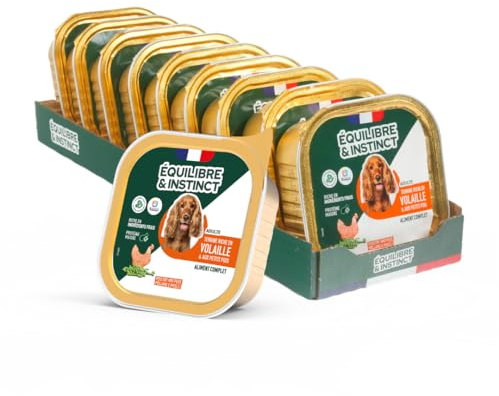 EQUILIBRE & INSTINCT - Chien Adulte - Pâtée Nourriture Humide Volaille - Transit Digestif Optimal - Recette Complète Formulée avec des Vétérinaires - 9x300g - Fabriqué en France