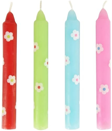Ameisenkeks® 4er Set Bunte Geburtstagskerzen mit Blumenmuster – Kleine Stabkerzen für Geburtstagskranz & Karawane, 10 cm