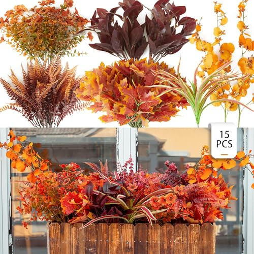 Party joy 15 buketter konstgjorda höstblommor falsk orkidé höstväxter blommor för utomhus Thanksgiving höst dekor dekorationer för hem