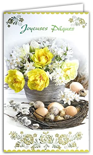 12-6013 Carte Joyeuses Pâques Bouquet Fleurs Printemps Tulipes Jaunes Jonquilles Narcisses Nid œufs Livré avec Enveloppe Format 12x19,5cm Papier écolabel FSC Gestion Durable Forêts Fabriqué en Europe