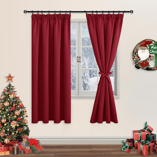 DWCN Blackout Curtains for Bedroom Thermal Insulated Curtain with Tiebacks Pencil Pleat Curtains for Living Room 46 x 72 inch Length, Red, 2 Panels