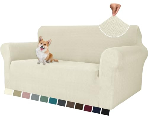 YSTELLAA Stretch Sofa Überzug 2 Sitzer, Sofaschoner rutschfest Mit Armlehne, Dicke Sofabezug Für Hunde Katzen Und Haustiere, Universal Jacquard Sofabezug, Waschbare Sofa Cover, Beige