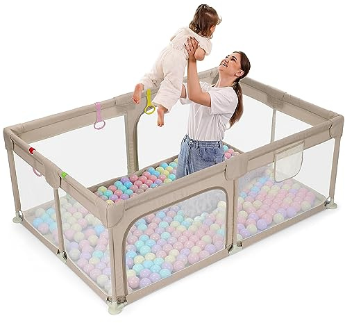 Dripex Laufstall Baby, Großes Laufgitter Baby faltbar für 2-3 Kinder, Indoor & Outdoor laufgitter & -Ställe mit atmungsaktivem Netz & 5 Pull-up Rings, 47x71, Kaffeebraun