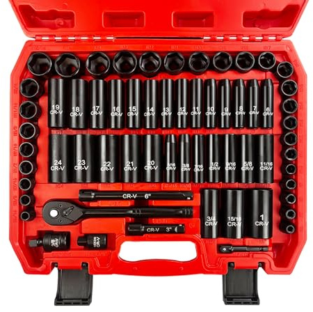 EACELIY 64pcs 3/8 Socket Set,Drive Impact Socket Set, SAE/Metric, Deep & Shallow, Cr-V Steel, 6 Point with Adapters, 72T Ratchet Handle, Extension Bars，Bit Adapter，6-24mm，5/16-1 inch