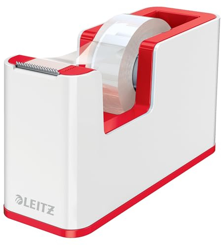 Leitz WOW Dispensador de Cinta, Base Robusta, Incluye un Rollo de Cinta Adhesiva, Portarrollos de Cinta para Escritorio, Blanco/Rojo, 53641026
