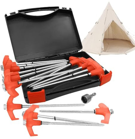 Pack of 15 Tent Pegs - Metal M8 Drill for Ground Anchors, Screw Pegs, Heavy Duty Tent Stakes, Sand Stakes, Helix Ground Anchors, Tent Stakes with Storage Box for Camping, Hiking, Beach