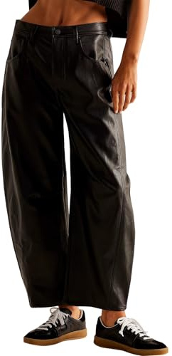 Women Faux Leather Pants Low Rise Baggy Barrel Jeans Wide Leg Trousers with Pockets, Black, S