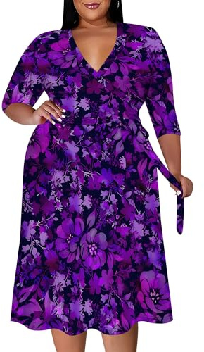 Women's Plus Size Maxi Dress Print 3/4 Sleeves V Neck Party Sundress Wedding Guest Dresses, Floral/Purple, 6XL