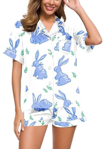 Ensemble de pyjama sexy pour femme - 2 pièces - Pantalon à carreaux avec plumes - Manches longues - Chemise boutonnée - Haut - Pantalon - Vêtement de nuit, bleu, S