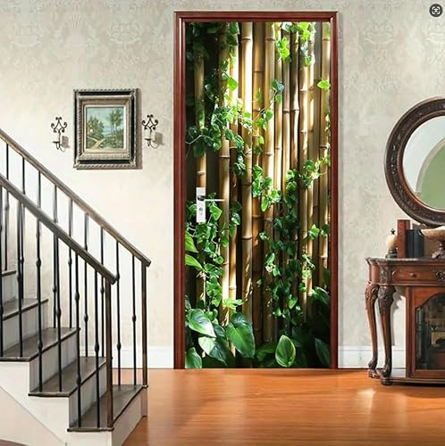 Pegatina Puerta Bambú Efecto 3D Papel Pintado de Puertas Autoadhesivo Enredaderas Trepadoras Vinilos Puerta Pegatina Pared Murales para Cocina Sala de Baño Decorativos 77 x 200 cm G765