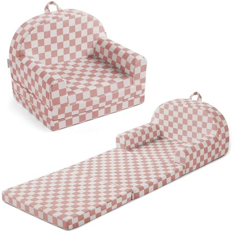 Blissful Diary Foldable Toddler Couch, 2-in-1 Comfy Toddler Chair & Lounger for Reading, Playroom, Kids Couch Sofa for Girls Boys Birthday Gift, Blush Checkered