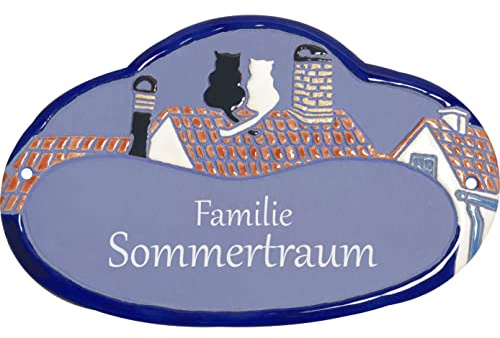 Handarbeit aus Schleswig-Holstein Keramikschild 19,5 x 12,5 cm Motiv Zwei Katzen auf Dachfirst (hellblau)