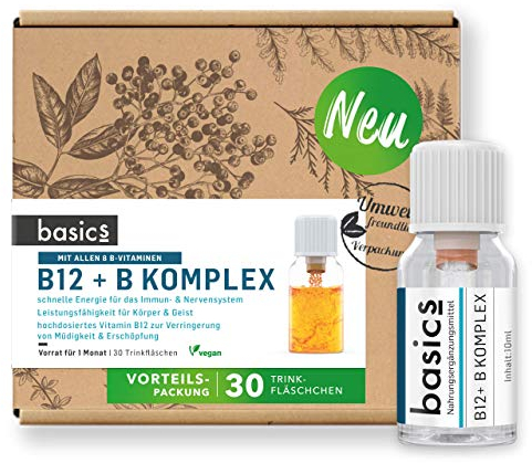 basics B12 + B-Komplex mit allen 8 B-Vitaminen - Hochdosiert mit 500mcg Vitamin B12 - für mehr Energie und Unterstützung des Nervensystems - 30 Trinkflaschen - 10ml pro Tagesdosis – Vegan