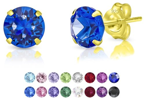 DTPsilver - Boucles d'oreilles/Clous en Argent Fin 925 Plaqué Or Jaune et Cristaux de Swarovski® Elements Ronds - Diamètre: 6 mm - Couleur: Saphir Bleu