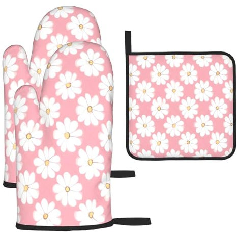 Set di 3 guanti da cucina antiscivolo con motivo crisantemo bianco, guanti da forno e presine, per cucina e barbecue all'aperto