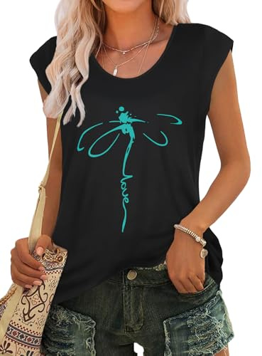 florynova Women’s Tunic Summer Cap Sleeve Stretchy Fit Shirts Casual Cotton Tops Daily Wear(Blue Dragonfly,L)