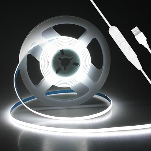 ALITOVE 2m USB COB LED Streifen Kaltweiß 5mm-Version mit Schalter für TV | Dimmbar LED Band, 6000K, Lichtband Selbstklebend, Speicherfunktion, Flexibel 320LEDs/m, für Schrank Schlafzimmer Wohnmobil