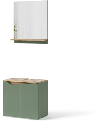 Vicco Set di mobili da bagno Marelle, Verde/Artigianale, 60 cm | composto da specchio da bagno e mobile sottolavabo