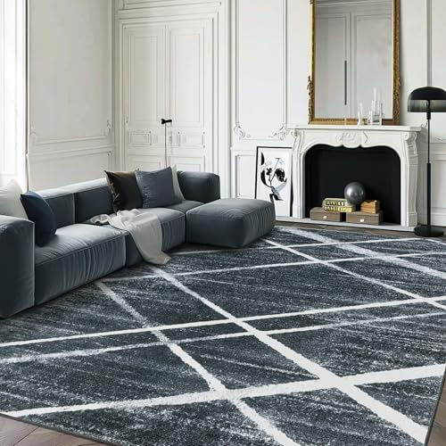 OMERAI Alfombra Moderna para Salón 120x170cm, Gris Oscuro Líneas Irregulares Lavable con Respaldo Antideslizante, Estilo Geométrico Pelo Corto para Dormitorio Cocina Comedor Oficina