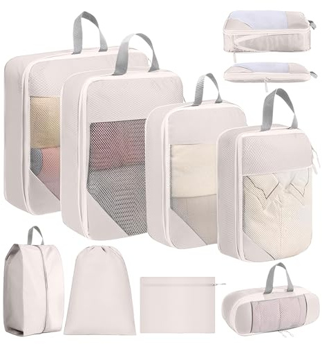 SYEXDZON Bolsas Compresion Viaje para Maleta, 8 Piezas Expandible Viajes Packing Cubes para Mochila, Ultra ligero bolsas viaje organizador para Equipaje de Mano (Beige)
