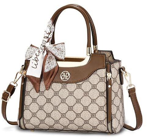 FOLOVEYA Handtasche Damen Elegant Henkeltaschen Schultertasche Leder PU Frauen Umhängetasche mit Retro Geometric Pattern Modische Taschen für Büro Arbeit Shopping Kaffee A