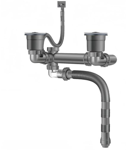 TsoLay Kit de Vidange D'Évier Double pour Évier de Cuisine Peu Encombrant, Tuyau Flexible Extensible de 3,8 cm avec Siphon en P et Drain D'Évier de 8,9 cm.
