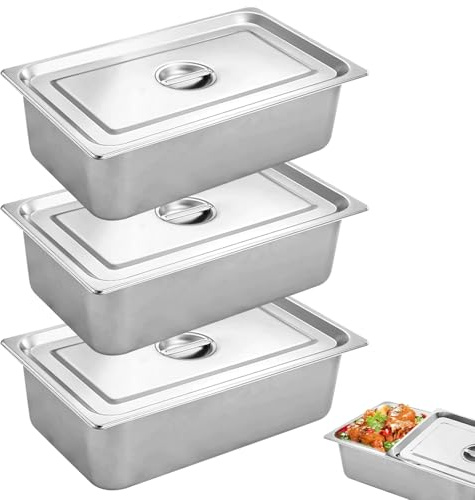 Juego de empanado de acero inoxidable de 3 piezas: 3 recipientes GN con tapa, 32,5 x 26,5 x 6,5 cm, recipiente gastronorm, acero inoxidable, metal, camino de empanado rectangular para empanar pescado