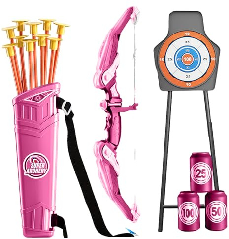Set Arco e Frecce per Bambini Set Tiro con L'Arco per Bambini in Plastica LED Include Custodia per e Frecce Bersaglio per Bottiglie Giocattoli Educativi Facili da Usare per 4 Anni Ros