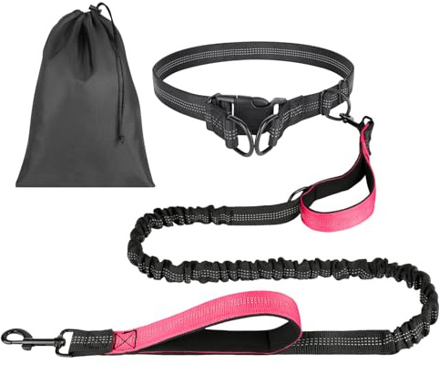 OFFCUP Correa Multifuncional, Correa Perro Manos Libres, Correa para Perro con Manos Libres con Costura Reflectante y Bolsa de Almacenamiento (Fucsia)