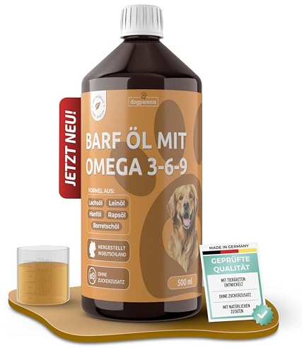 5-in-1 Barf Öl Hund [Made IN Germany, 100% NATÜRLICH & LABORGEPRÜFT] – Omega 3-6-9 Komplex mit Premium Lachsöl, Leinöl, Rapsöl & Borretschöl – Kaltgepresstes Futteröl (500ml)