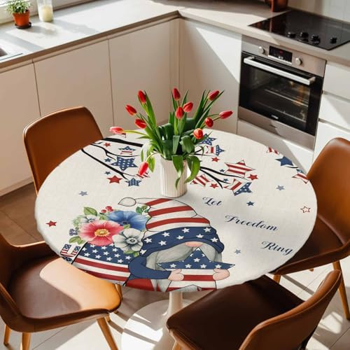 Round Fitted Tablecloth, Independence Day Dwarfs Waterproof Table Cloth Table Cover with Elastic Edged for Outdoor Picnic Parties, Fits Tables up to 55 - 60 Diameter Opium Poppy on Retro Linen