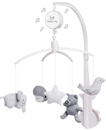 Baby's Only - Giostrina musicale per bebè - Con figure lavorate a maglia - Carillon con musica - Giostrina per bebè con musica - Per maschietti e femminucce - Silver-Grey/Grey/White
