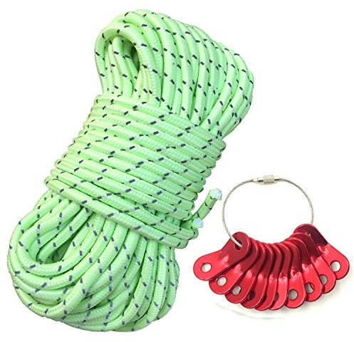 LILUO Glow in The Dark Luminous Reflective Guyline - 5mm 65.6ft/20m Highly Reflective Tent Rope with 10 Aluminum Adjusters/Tensioners
