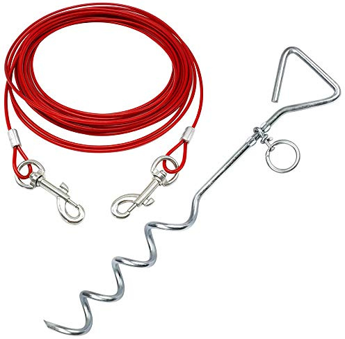 Bunty 16 Heavy Duty Dog Stake & 20ft. Dog Tie Out Cable - 360° Spiral Dog Lead Stake with Tangle-Free O-Ring - Dog Stake for Camping, Yard, Park - Small, Medium, Large Dogs - Red