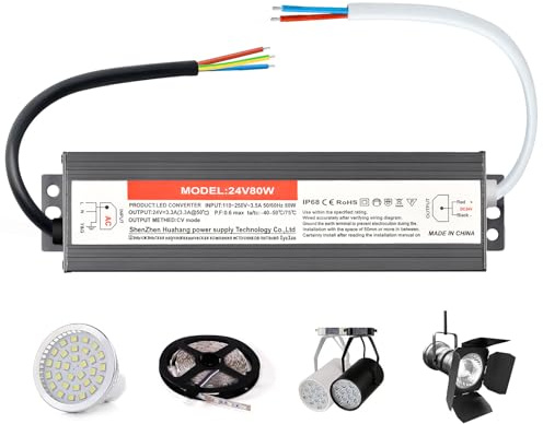 VegenaLED Netzteil Treiber 24V 80W 3.33A Wasserdicht IP67, LED Transformator 110/220V AC50/60HZ, Outdoor Konstantspannung für LED Beleuchtung