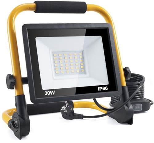 Faretto LED da costruzione, 30 W, 3600 lm, lampada da lavoro a LED con spina, IP66, impermeabile, con cavo 4 m, portatile, per officina o cantiere, garage