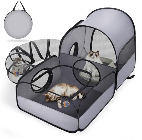 Portable Cat Playpen with Surround Tunnel, 2-Linked-Enclosed Areas, Ideal Cat Tent Outdoor or Cat Playpen for Indoor Cats Enclosed.Breathable Mesh Design for Indoor & Outdoor Use(Grey)