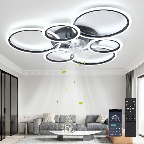 MiiR Ventilateur De Plafond Avec Lumière LED À Intensité Variable Et Télécommande, 85 Watts, 6800 Lumens, Moteur Réversible, 6 Vitesses, Minuterie, Convient Aux Salons Et Chambres, Noir