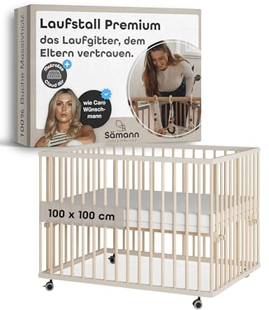 Sämann Baby Laufstall aus Holz I Baby Laufgitter 100x100 cm Sahara Dust/Natur I Inkl. Matratze Cloud Air I Robuster & höhenverstellbarer Laufstall aus Buchenholz I Mit gummierten Rollen & TÜV geprüft