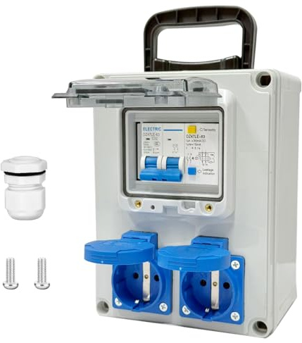Scatola di distribuzione elettrica da 16 A, scatola di distribuzione elettrica da cantiere 230 V, scatola di distribuzione a parete IP65 con interruttore differenziale (2 Schuko-Prese)