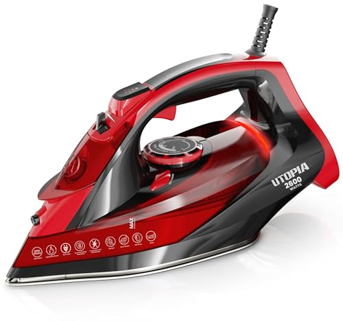 Utopia Home Steam Iron for Clothes - Non-Stick Soleplate - 2600W Clothes Iron With Auto-Off Safety Feature - Adjustable Thermostat Control, Variable Steam Control, Self-Clean, 8 Feet Cord (Black/Red)