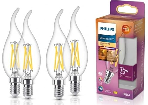 Philips Flame Tip LED-kronljus, dimbara, E14, 2,5 W, 340 lumen, motsvarar 25 W, klara, varmt sken 2200–2700 K – 4-pack