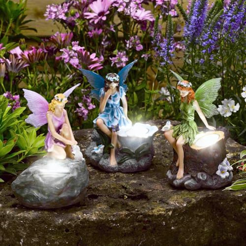 garden mile 3er Pack Feengarten Statuen mit Spots Außen Neuheit Garten Beleuchtung LED Lichterkette Solarlampen Außen Feengarten Verzierungen in rosa blau und grün