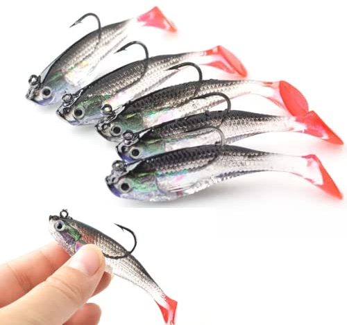 WYMAODAN Ensemble de leurres de pêche, 5 pièces 8 cm appât Souple tête de Plomb leurres de Poisson de mer matériel de pêche Pointu Triple Crochet appât Artificiel Queue en T (2A)