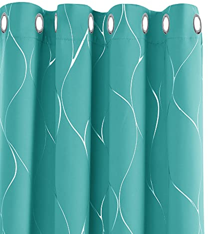 Deconovo Curtains, Home Decoration Thermal Insulated Wave Line Foil PrintedRing Top Curtains for Kids Bedroom, 52 x 90 Inch(Width x Length), Turquoise, one pair