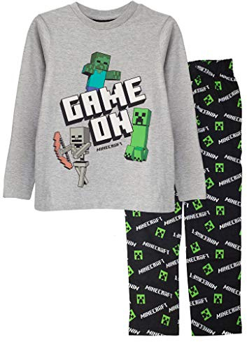 Popgear Minecraft Game on Garçons Set Long Pyjama Noir/Gris Chiné 146 | PS4 PS5 Xbox Cadeaux Gamer, école de garçons PJs, Vêtements pour Enfants, badine l'anniversaire Idée Cadeau